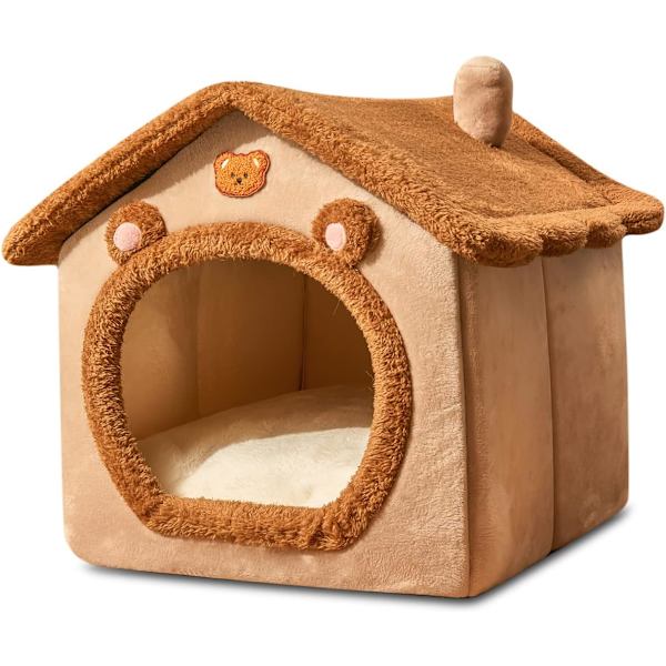 Katt Terrier Säng, Tvättbar Hundbädd, Mysig Kattstuga, Fällbar Mysig Husdjur Katt Hus, Hundbädd med Avtagbar Kudde (M, Brun)