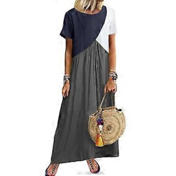 Dame Farveblok T-shirt Kjole Afslappet Løs Lang Kjole Rund Hals Strand Maxikjole Swing Kjole Kortærmet Maxikjole Mørkegrå S Dark Grey S