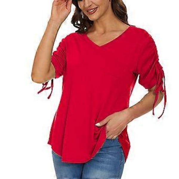 Rød XL Dame Bluse med Snøring i Ermene, V-hals, Ensfarget, Frontlomme, Moderne og Ledig Passform, Bluse for Dates