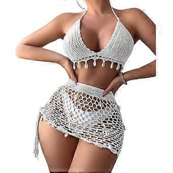 Dame 2-delt Strand Badedragt Muslingeskaller Hæklet Halter Bikinis Badedragt med Sarong Nederdel Strandtøj Khaki M Khaki M