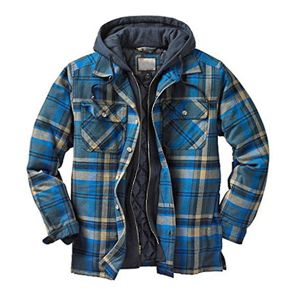 Quiltet Tyk Plaid Langærmet Løs Jakke Herre Hoodie Quiltet Foret Flanel.2XL.Blå Blue 2XL