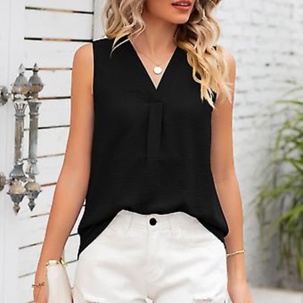 Ermeløs topp for kvinner, V-hals, ensfarget, løs stil, pustende, moteriktig sommertopp (XL-Svart) Black XL
