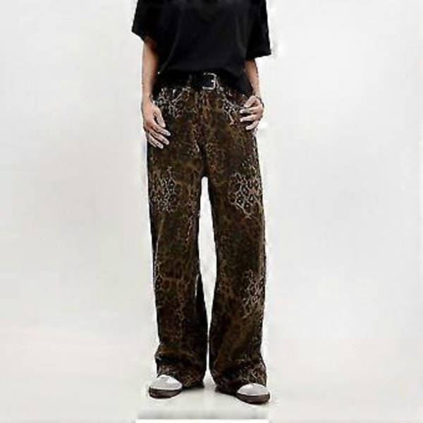 Leopard Print Denim Wide Leg Bukser til Kvinder - Oversized Bukser for et Stilfuldt Look M