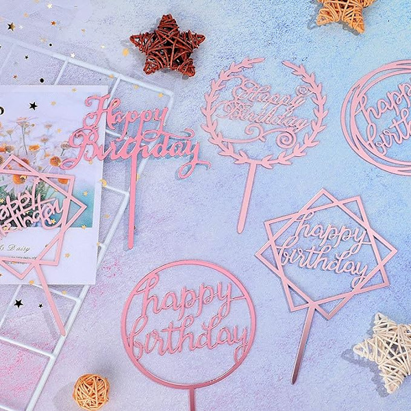 6-pakkauksen Onnellinen Syntymäpäivä Kakku Lisäosa (Ruusukulta), akryyli cupcake i
