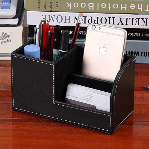 Desktop förvaringsbox, multifunktionell pennhållare, stilren svart Pu