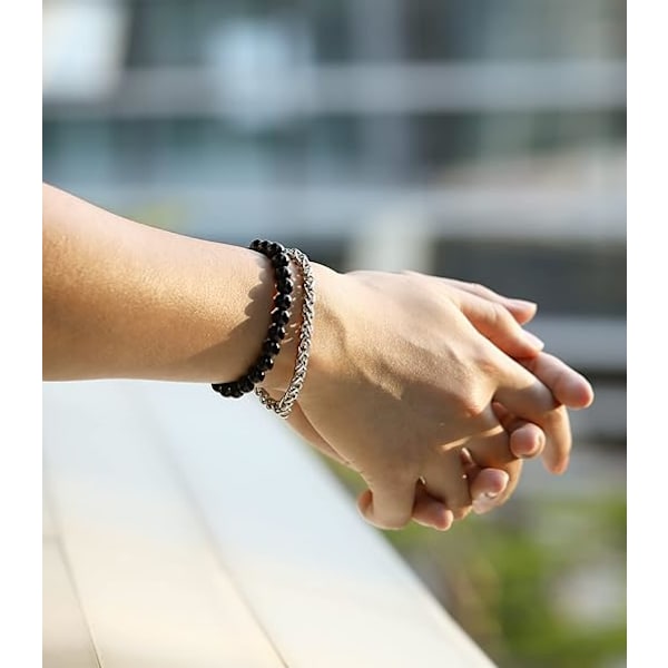 Sæt med armbånd til mænd - sort armbånd med perler og kæde i rustfrit stål