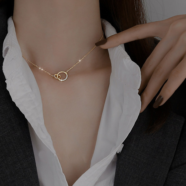 Trendy 925 sølv runde dobbel sirkel CZ zirkonia halskjeder og anheng for kvinner festgave choker gull
