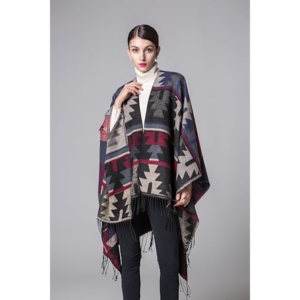 Mörkblå 130 x 150 cm Dam Överdimensionerad Tartan Poncho