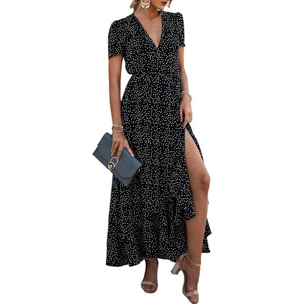 Kvinders Sommer Wrap Maxi Kjole Casual Boho Floral V Hals Kort Ærme