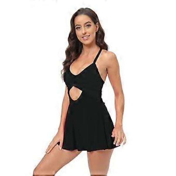 Dame Badedragt Badetøj med Skørt Udhulet Udskæring Badedragt Mavekontrol Badekåbe med Boyshort Sort XL Black XL