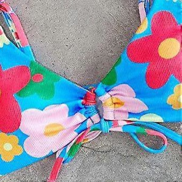 Kvinnor Bikinis Snörning Färgglada Tryckta Badkläder Tanga Baddräkter Sexig Liten Byst Samlade Baddräkt Omlott Baddräkt Tryck på blå bac L Printing on blue bac L