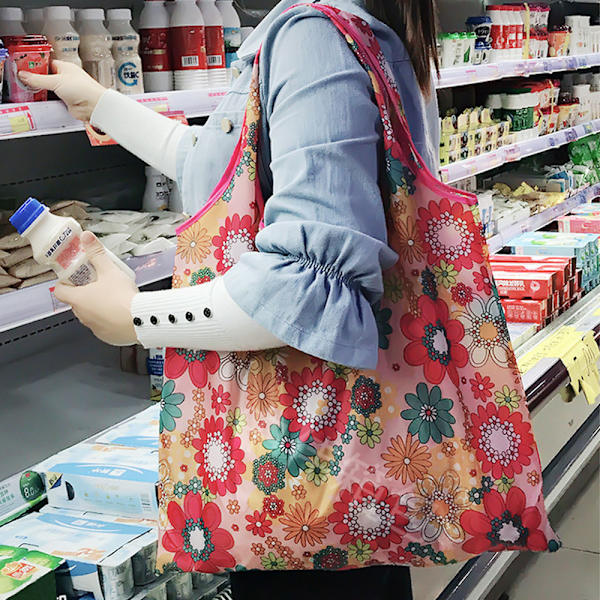 1-delt sæt af store sammenklappelige indkøbsposer (lyserøde blomster)