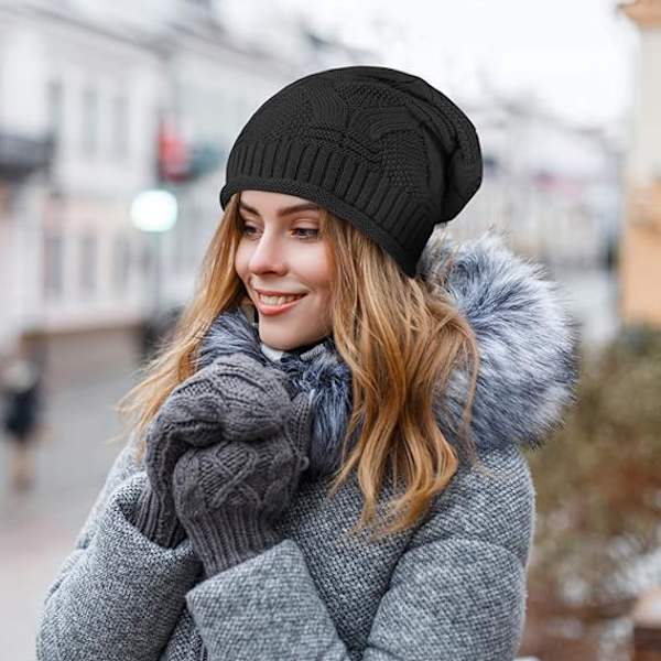 Mode 2-pack - Svart & mörkgrå slouchy mössa för damer, vinterstickad