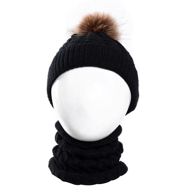 2PCS svart Toddler Baby Knit Hat Scarf, Termisk mjuk loop halsduk Un
