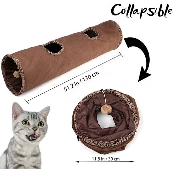 12 x 51 tum, hopfällbar PET katt-lek-tunnel, dold med boll, inomhus