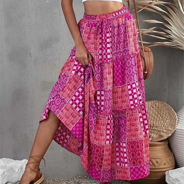 Boheme strandnederdel, sommer strandnederdel, komfortabel etnisk stil printet lang nederdel, M, rød Red M