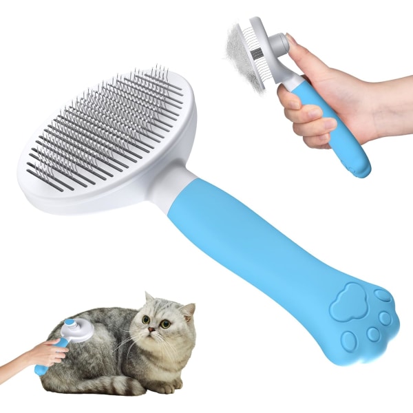 (blå) kattebørste hundebørste [ergonomisk grep og rengjøring med ett klikk]