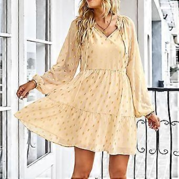 Dame Prikket Chiffon Kjole Moderigtig Afslappet Talje Slim Fit Langærmet Prikket Kjole til Forår Efterår