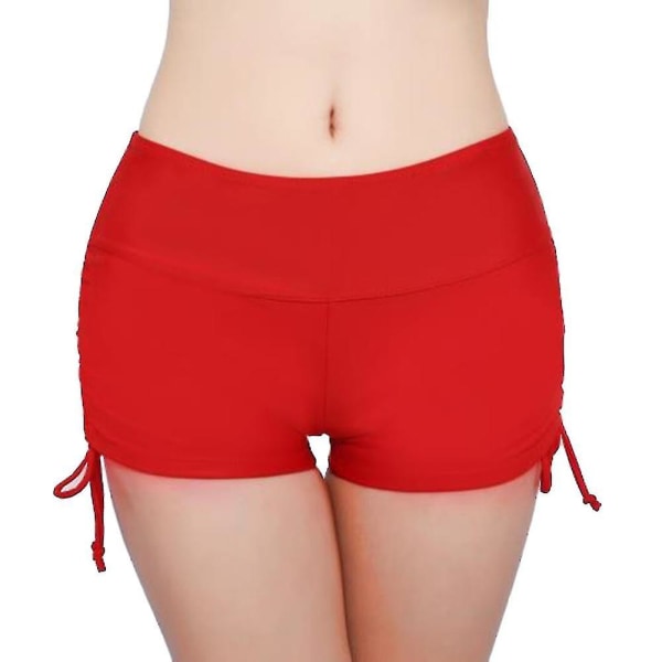 Kvinnor Enfärgad Bikini Bottensida Plisserat bandage Beach Swim Shorts.M.Red