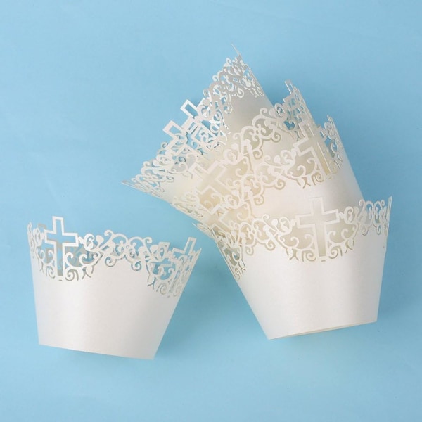 50 x Cupcake-Wrappers - Hvide Kors Design Papir Kuverter