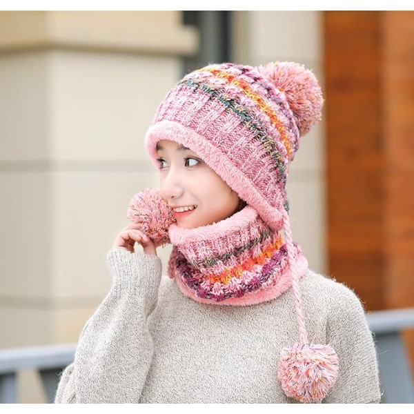 Vaaleanpunainen hattu+ set naisten neulottu set talvella lämmin paksu
