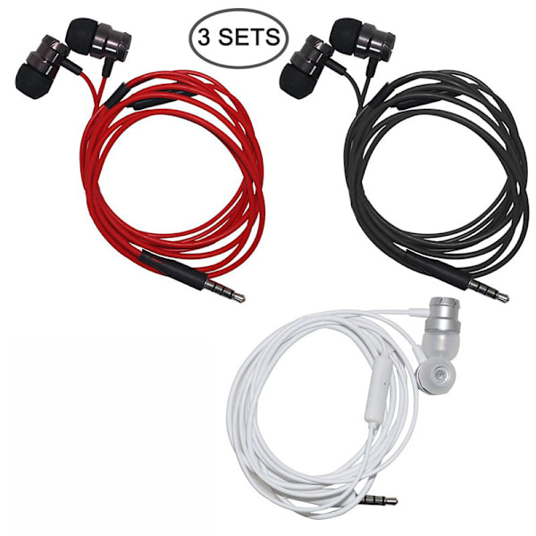 Earphones 3-pak in-ear-hovedtelefoner med mikrofon, 3,5 mm kablede øretelefoner til iOS- og Android-smartphones, bærbare computere, MP3, spil, Walkman (sort + hvid + rød)