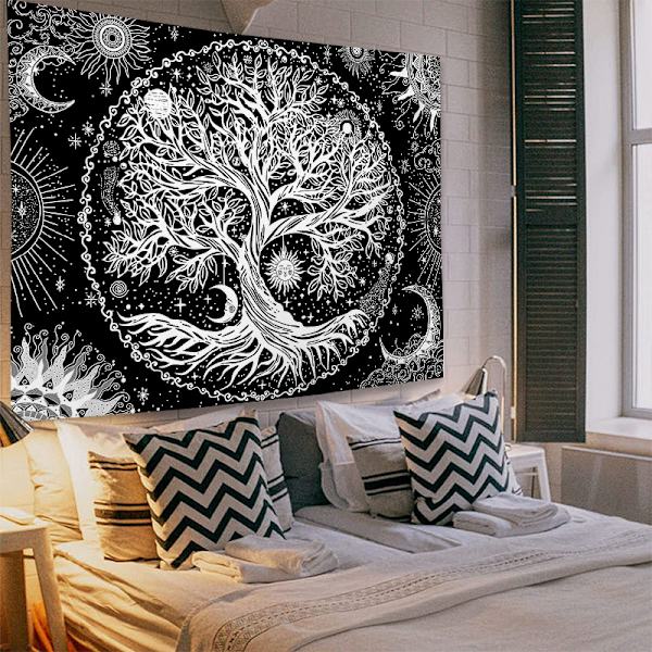 Elämänpuu (180x230cm) Musta kuu ja aurinko -seinavaate Psykedeelinen