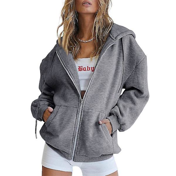 Kvinnors dragkedja upp huvtröjor sweatshirts kläder tonåring flicka höst casual jackor med.XXL.grå