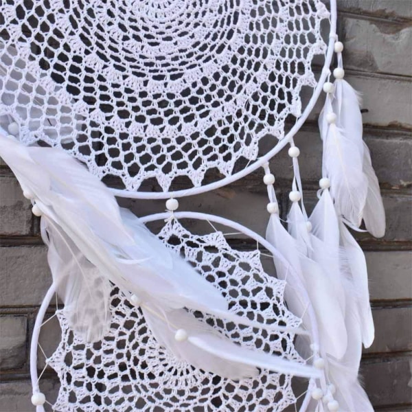 Brun - Stor Drømmfang med 3 Cirkler, Hvid Fjer Macrame