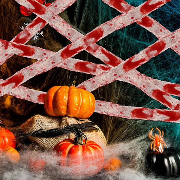 Halloween Fright Tape Bundle, 1 stk Blodig Spøkelseshus Gasbind Skummel Skummel Stoff Draperi Klede Rom Vindu Vegg Dør Deksel, Blodige Klamrer og Advarselstape（8CM*5M）