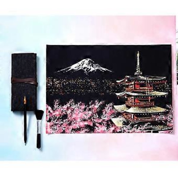 1 Sæt med 4 stk DIY Skrabebillede Mount Fuji Natscene Skrabende Tegning Maleri Papir Skrabekort Bambuspind Guldbelagt Pen Pensel