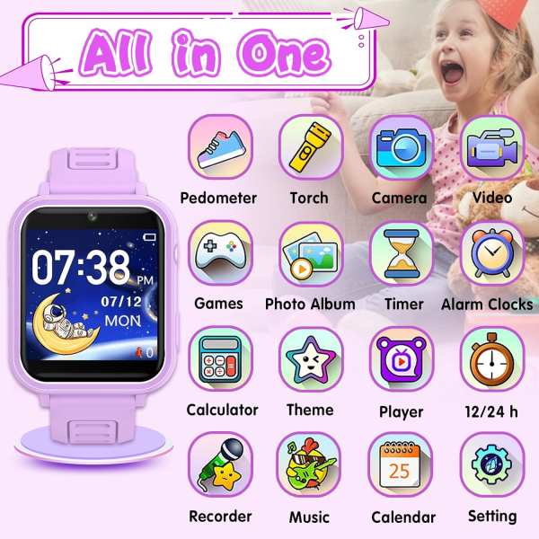 (Purple) Smart Watch for Kids Ages 4-12, with 24 Games, Music Cam