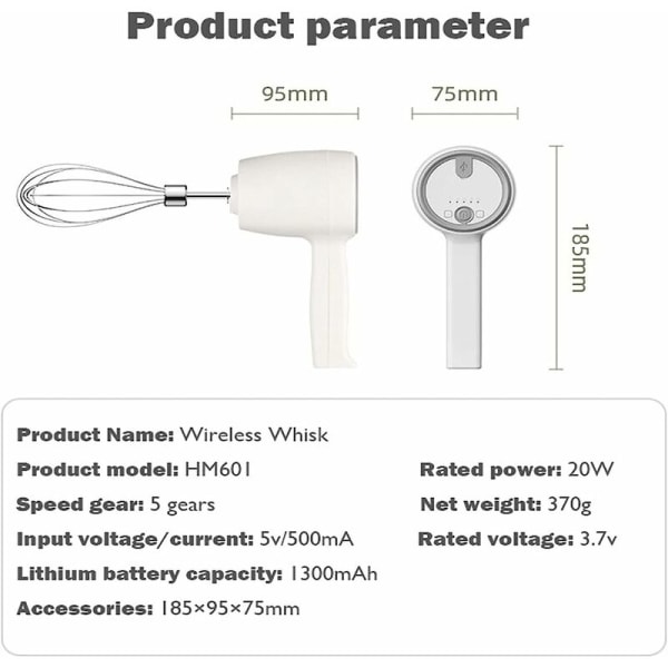 Genopladelig Ledningsfri Elektrisk Piskemaskine via USB, 5 Hastigheder 304 Rustfrit Stål