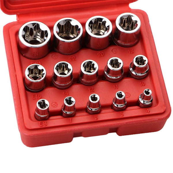 Set med 14 stjärnformade Torx-hylsor typ E I Ratschbox I Hylsa