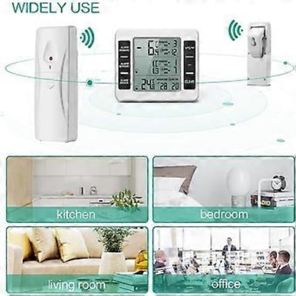 Køleskabstermometer, trådløst digitalt frysetermometer med 2 trådløse sensorer, temperatur, lydalarm, min. og maks. display, LCD-display f