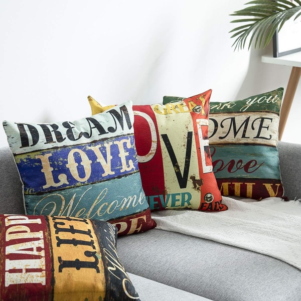 Pillowcase, Set of 4 in 45 x 45 cm (Retro Love) Cotton and Linen