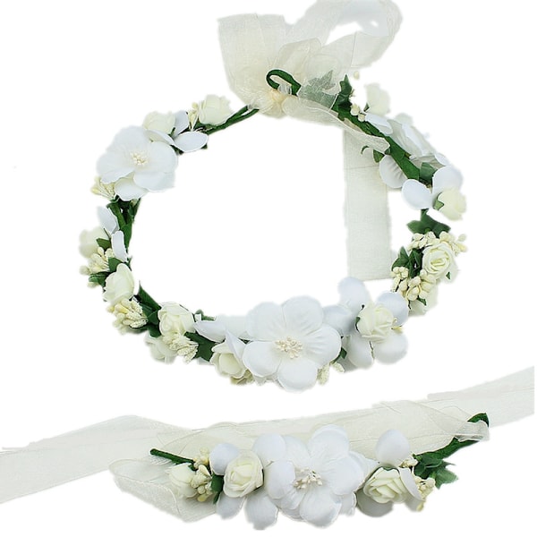 2-delad set med blomsterkrans huvudbonad och armband, justerbar blomsterkrans med blomsterarmband, lämplig för bröllopspartier (beige)