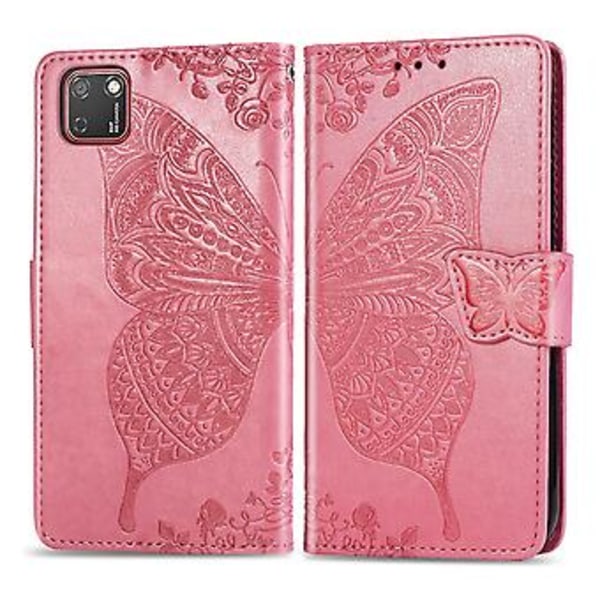 För Huawei Y5P 2020 Fjäril Kärlek Blomma Präglat Horisontellt Flip Läderfodral med Ställ / Kortplats / Plånbok / Snodd Pink