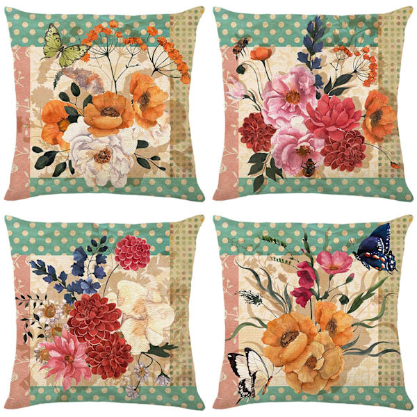 Set med 4 Retro Kuddfodral 45x45cm Snyggt Blommönster Dekora