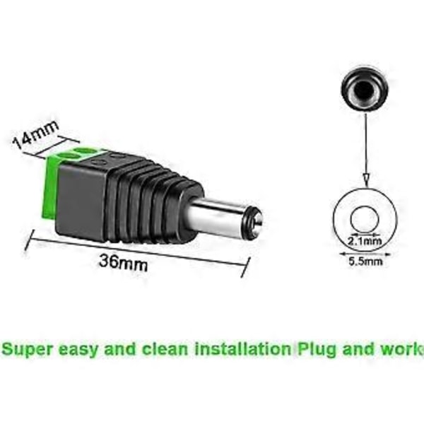 30 Stycken 12V/24V DC Hankontakter, 5,5 x 2,1 mm DC Strömadapter Skruvterminalkontakt, för CCTV Kamera LED-Strip (Grön)