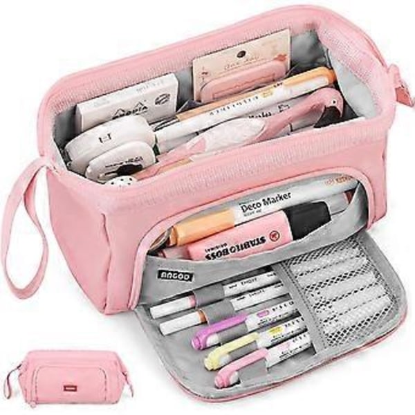 Suuri penaali, erittäin suuri penaali, sileä ja kestävä vetoketju, koulun penaali, paperitavaran säilytyslaatikko, sopii tytöille ja pojille (Pinkki) Pink