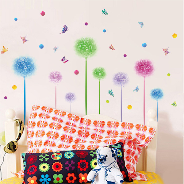 1 set Färgglada Maskros Väggdekal Blommiga Väggstickers Fjärilar och Prickar Väggdekor DIY Väggmålning Konst för Sovrum Vardagsrum Väggdekoration