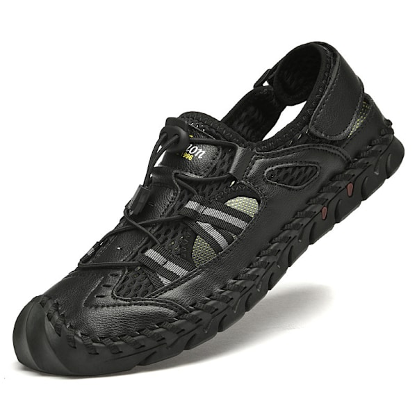 Sommarsandaler för män, Mode Lädersandaler, Handgjorda Sydda Utomhus Strand Sandaler i Nötskinn, 41, Svart Black 41