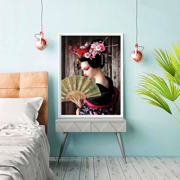 30x40cm Timanttimaalaus 5D Timanttimaalaus Tuuletin Geisha Nainen DIY