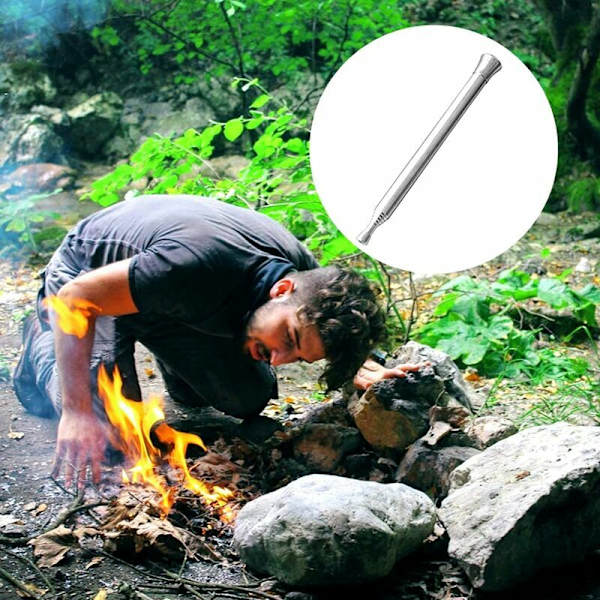 Rostfria stålsugbälgar - Set om 2 - Hopvikbar teleskopisk blåsrör ergonomiskt munstycke i rostfritt stål sammetpåse för brandstartare överlevnadssats camping vandring belysning öppen spis grill