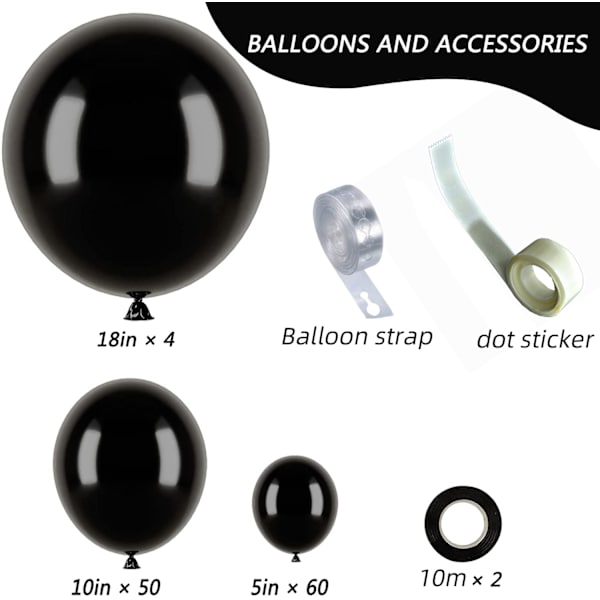Svarta ballonger, 114 st svarta ballonger i olika storlekar, 1-pack
