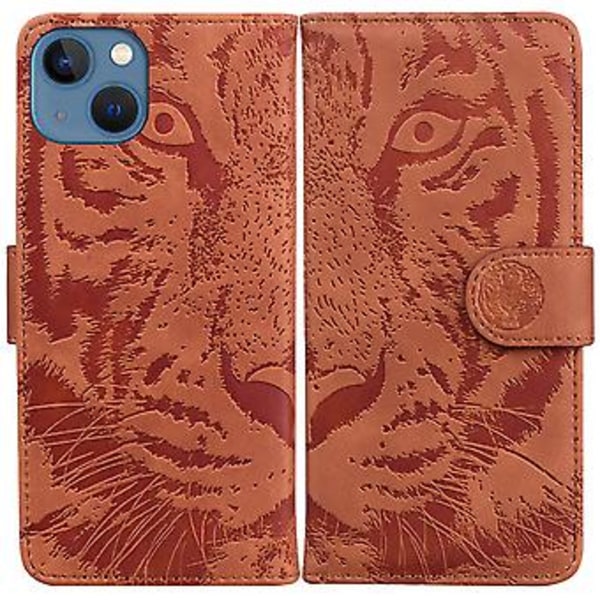 Tiger Präglat Läderfodral För iPhone 14 Brown