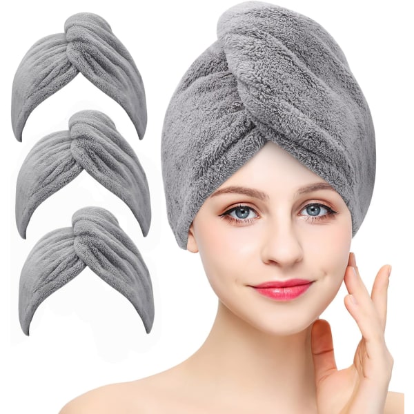 3-pack (grå) mikrofiberhårhandduk, superabsorberande