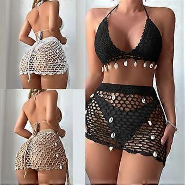 Dame 2-delt Strand Badedragt Muslingeskaller Hæklet Halter Bikinis Badedragt med Cover up Slå-om Nederdel Strandtøj Sort S Black S