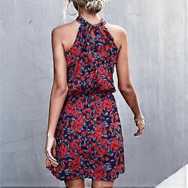 Halterneck Kjole med Bindebånd i Ryggen Kort Kjole Dame Sommer Elegant Elastisk Talje Blomsterprint Kjole til Dates